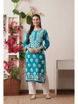 SYRISH - Women Blue Rayon Embroidered Straight Kurta