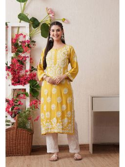 SYRISH - Women Mustard Rayon Embroidered Straight Kurta