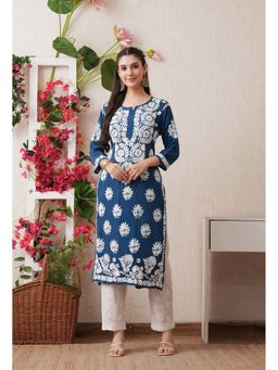 SYRISH - Women Teal Rayon Embroidered Straight Kurta