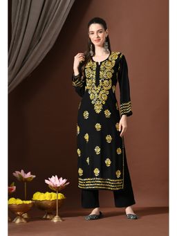 SYRISH - Women Yellow Rayon Embroidered Straight Kurta