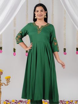 ARAMYA - Women Green Viscose Embroidered Flared Anarkali Kurta