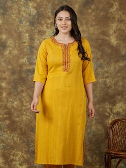 ARAMYA - Women Yellow Pure Cotton Embroidered Straight Kurta