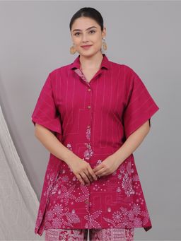 ARAMYA - Women Pink Pure Cotton Floral Flared Kaftan Tunic