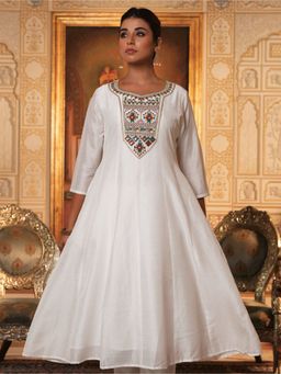 ARAMYA - Women White Poly Silk Embroidered Flared Anarkali Kurta