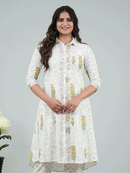 ARAMYA - Women Grey Pure Cotton Floral Straight Kurta