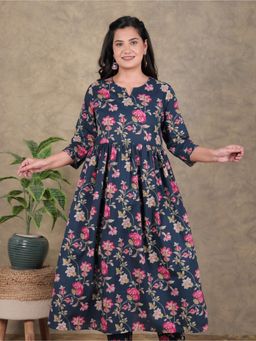 ARAMYA - Women Blue Pure Cotton Floral A-Line Kurta