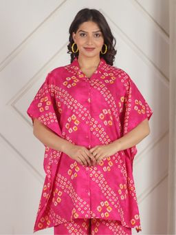ARAMYA - Women Pink Pure Cotton Geometric Flared Kaftan Tunic