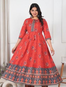 ARAMYA - Women Orange Pure Cotton Floral Flared Anarkali Kurta