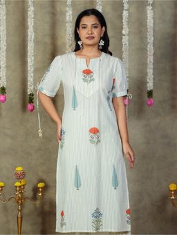 ARAMYA - Women Off White Pure Cotton Floral Straight Kurta