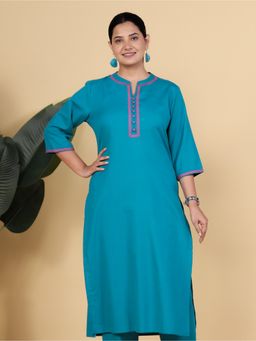 ARAMYA - Women Teal Pure Cotton Embroidered Straight Kurta