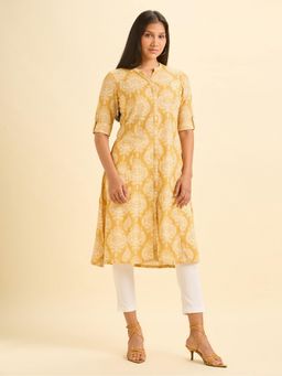 VISMAY - Women Yellow Cotton Floral Flared Kurta