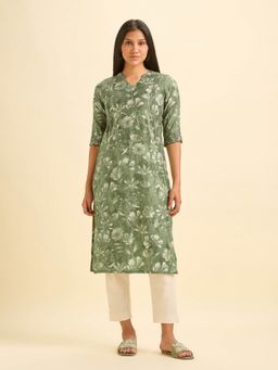 VISMAY - Women Green Modal Floral Straight Kurta