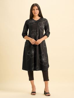 VISMAY - Women Black Viscose Floral Flared Kurta