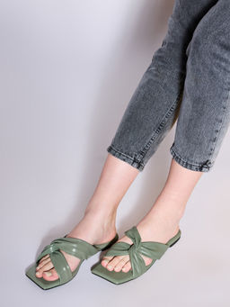 Twenty Dresses by Nykaa Fashion - Green Square Toe Interwined Slider Flats