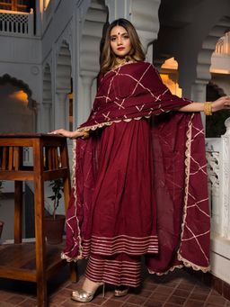 POMCHA - Gotta Jaal Maroon Cotton Anarkali (Set of 3)