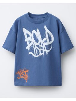 Alan Jones - Boy's Blue Oversized Cotton Printed T-Shirt