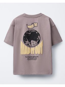 Alan Jones - Boy's Taupe Oversized Cotton Graphic Print T-Shirt