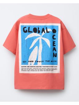 Alan Jones - Boy's Oversized Cotton Graphic Print T-Shirt - Coral