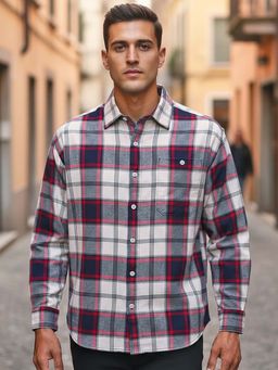 Bewakoof - Men's Beige & Blue Checked Oversized Shirt