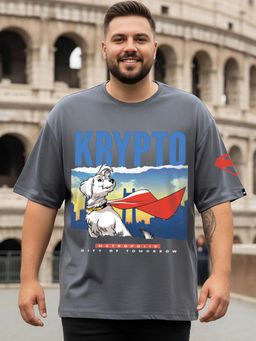 Bewakoof - Official DC Men's Dark Grey Krypto Graphic Printed Oversized Plus Size T-shirt
