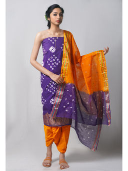 Unnati Silks - Unstitched Indigo Pure Bandhani Cotton Salwar Kameez (Set of 3)