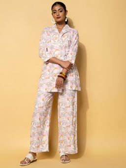 Libas - Women Floral Printed White Coat with Floral Pant Co-Ord (Set of 2)