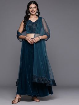 Libas - Teal Velvet Embellished Crop Top with Blue Flared Palazzo and Net Dupatta (Set of 3)