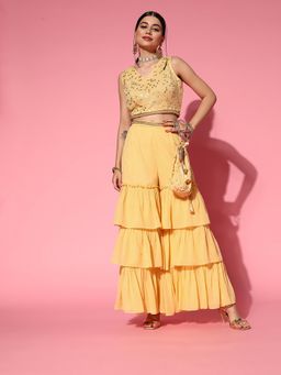 Libas - Yellow Pure Georgette Embellished Top and Yellow Sharara with Potli Bag. (Set of 3)