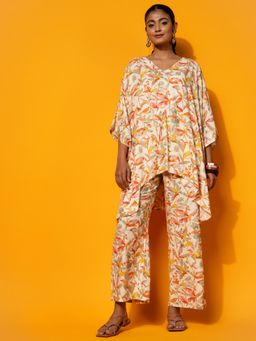 Libas - Cream Viscose Rayon Printed Kaftan and Pant with Both Side Pocket (Set of 2)