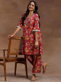 Libas - Pink Floral Printed Straight Kurta with Floral Printed Pant (Set of 2)