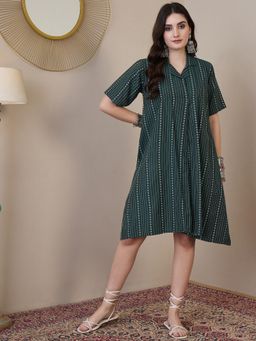 InWeave - Green Stripe Kantha Collar Dress