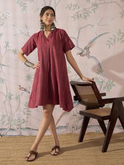 InWeave - Maroon Stripe Kantha Collar Dress