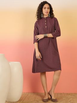 InWeave - Wine Kantha Mandarin Button Dress