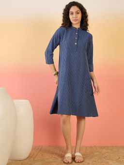 InWeave - Blue Kantha Mandarin Button Dress