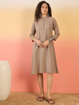 InWeave - Light Brown Kantha Mandarin Button Dress