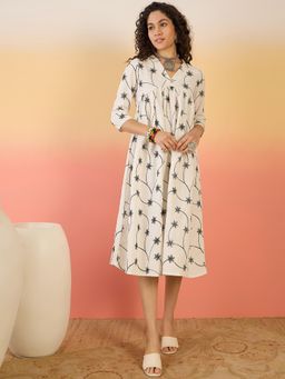 InWeave - White Black Embroidery Flared Dress