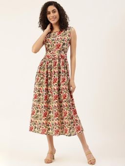 Maaesa - Women Floral Printed Viscose Rayon Beige Dress