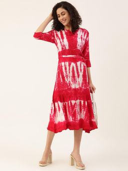 Maaesa - Women Tie and Dye Viscose Rayon Pink Dress with Belt