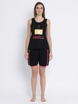 Clovia - Print Me Pretty Tank Top & Shorts In Black Cotton Rich (Set of 2)