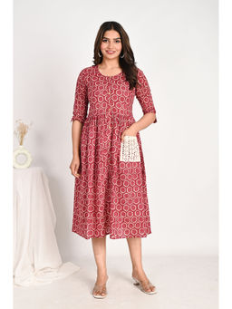 Do Dhaage - Cotton Midi Pink A Line Dress With Schiffli Pockets