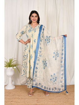 Do Dhaage - V Neck Panelled Blue Cotton Kurta with Pants with Dupatta (Set of 3)