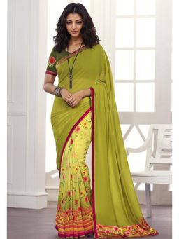 Rangita - Half and Half Printed Georgette Saree with Lace Border and Unstitched Blouse - Lime Green