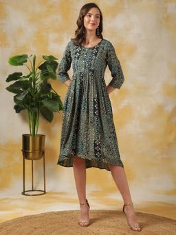 Rangita - Women Teal Rayon Yoke Asymmetrical Ethnic Dress