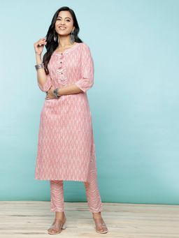Rangita - Women Cotton Peach Printed Calf Length Straight Kurta with Pant (Set of 2)