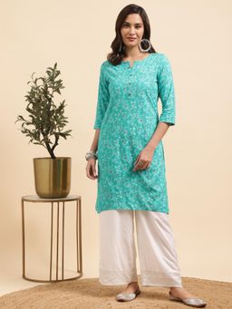 Rangita - Women Rayon Turquoise Floral Printed Straight Kurta with Palazzo (Set of 2)