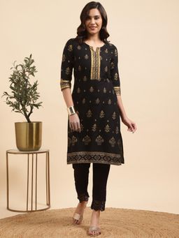 Rangita - Women Cotton Black Gold Printed Straight Kurta with Pant (Set of 2)