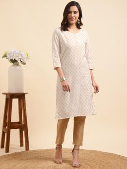 Rangita - Women Cotton All Over Paisley Printed Straight Kurta -Off White with Pant (Set of 2)