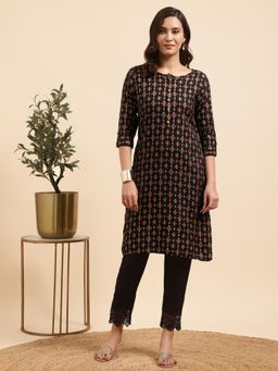 Rangita - Women Rayon Black Gold Printed Calf Length Straight Kurta with Pant (Set of 2)