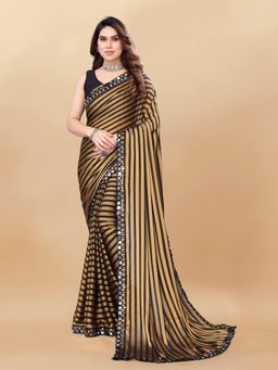Rangita - Women Striped Georgette Embellished Saree with Unstitched Blouse -Gold