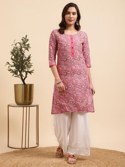 Rangita - Women Cotton Pink Jaipuri Printed Straight Kurta with Palazzo (Set of 2)